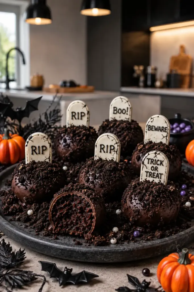 Graveyard dirt cake balls with crushed Oreo crumbs, chocolate coating, and miniature tombstone decorations arranged on a modern Halloween dessert table.