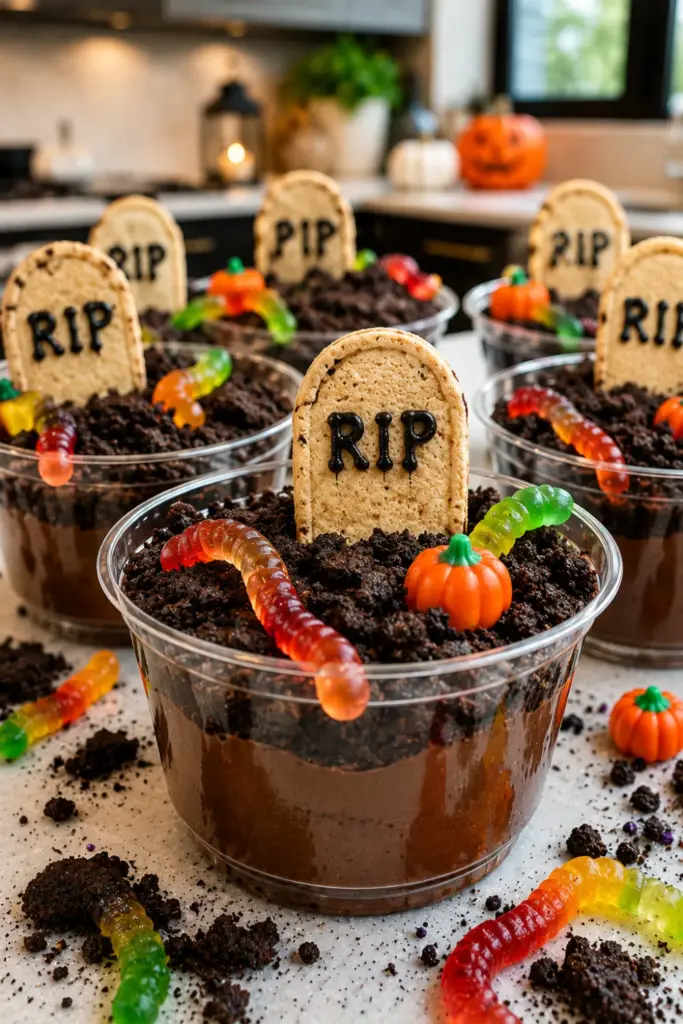 Graveyard Dirt Pudding Cups layered with chocolate pudding, cookie crumbs, gummy worms, candy pumpkins, and tombstone toppers.