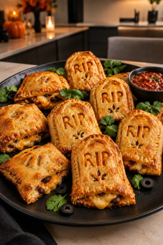 Graveyard quesadillas made from golden puff pastry filled with beans and melted cheese, shaped like spooky tombstones for Halloween.