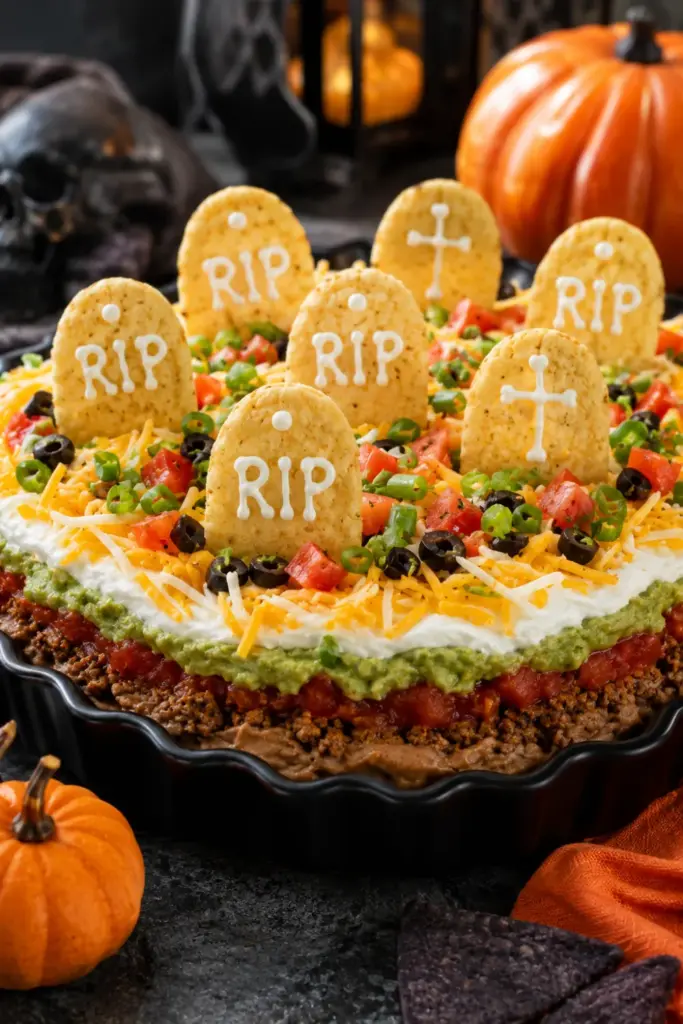 Graveyard Taco Dip layered with beans, seasoned taco meat, salsa, guacamole, sour cream, and cheese, topped with tombstone tortilla chips for a spooky Halloween party.
