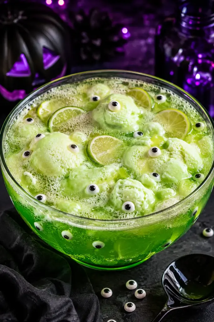 Green Goblin Punch with lime sherbet, green punch, vodka, lemon-lime soda, and candy eyes in a vibrant Halloween party presentation.