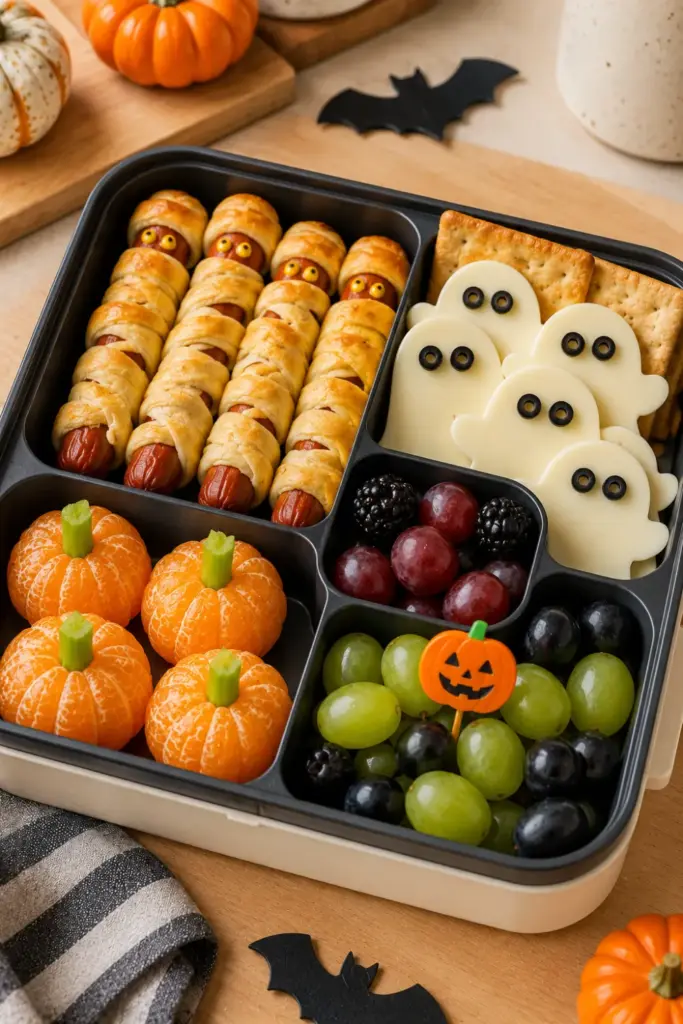 Easy Halloween Lunch Recipe Ideas: Fun Favorites with a colorful Halloween bento box filled with mummy dogs, ghost cheese, pumpkin fruit, and snacks.