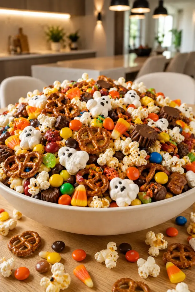 Halloween Boo Mix with assorted Halloween candies, pretzels, and popcorn for easy Halloween candy mix ideas for parties.