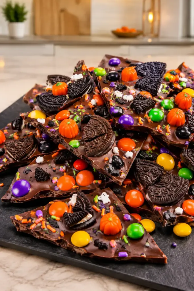 Easy Halloween Candy Bark with Oreos, M&Ms, candy pumpkins, and spooky sprinkles for kids and Halloween parties.