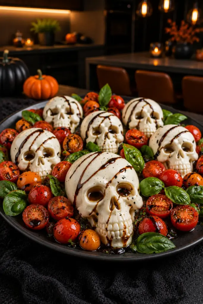 Halloween Caprese salad featuring mozzarella skulls, cherry tomatoes, basil, olive oil, and balsamic glaze on a modern platter.