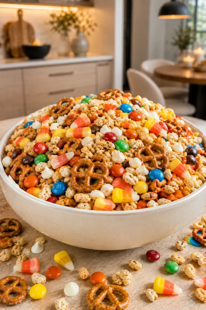 Halloween Cereal Snack Mix with puffed rice cereal, pretzels, candy corn, Halloween M&M's, and white chocolate chips for easy Halloween candy mix ideas for parties.