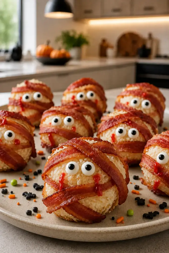 Halloween coconut treats wrapped in turkey bacon and decorated with candy eyeballs and red gel for a spooky party snack.