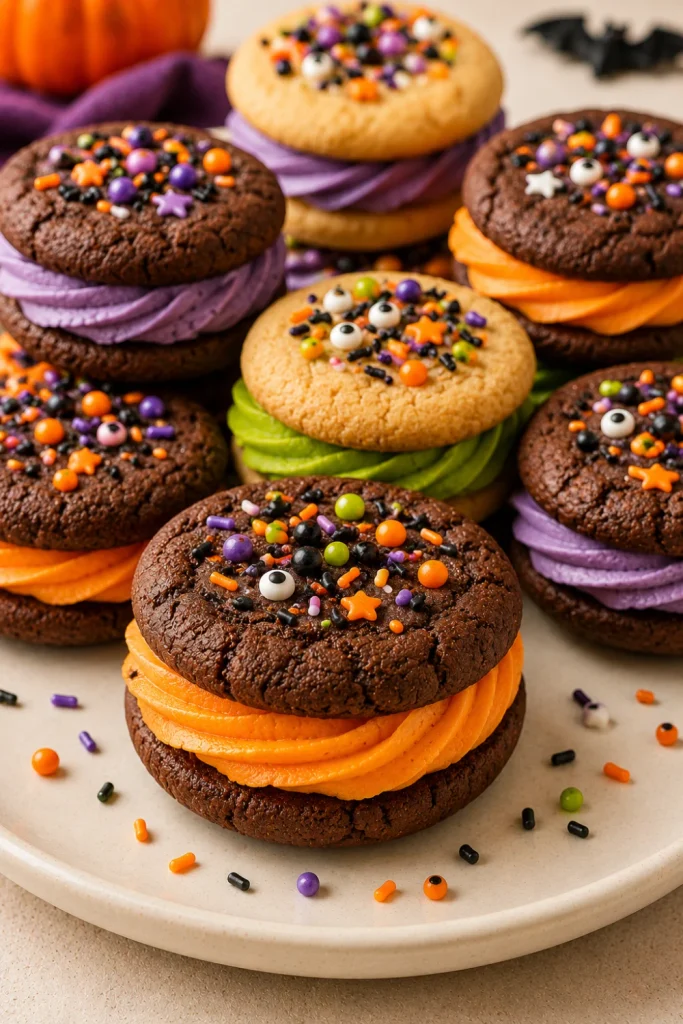 Soft Halloween cookie sandwiches filled with creamy colorful frosting and decorated with vibrant spooky sprinkles are perfect for kids.