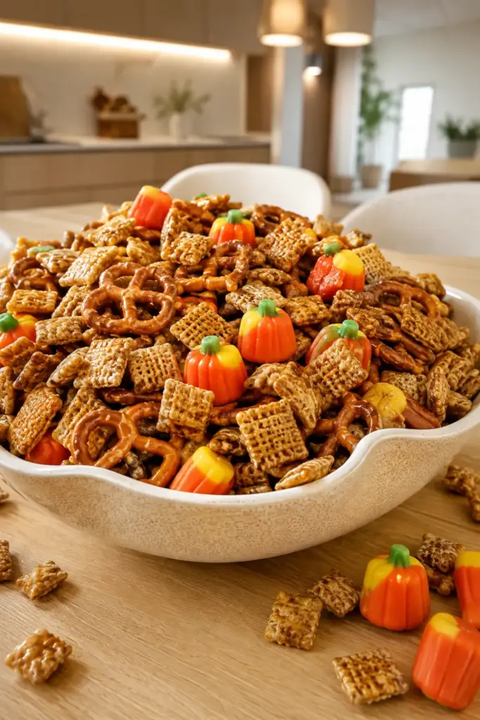 Halloween Harvest Hash Chex Mix with Rice Chex, pretzels, candy corn pumpkins, brown sugar, and vanilla for easy Halloween candy mix ideas for parties.