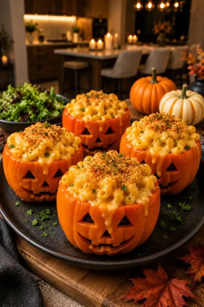 Orange Halloween stuffed peppers filled with creamy mac and cheese and carved jack-o'-lantern faces.