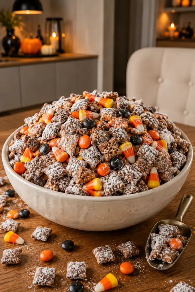 Halloween Muddy Buddies Puppy Chow made with chocolate and peanut butter Rice Chex, powdered sugar, candy corn, and orange and black candies for easy Halloween candy mix ideas for parties.