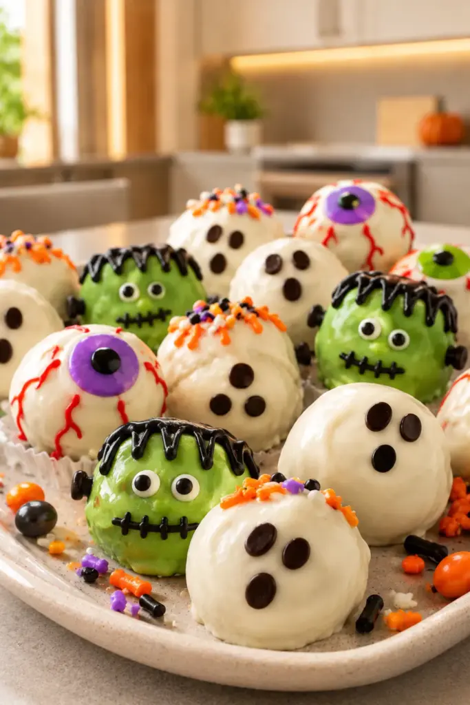 Halloween peanut butter candies dipped in white chocolate and decorated as ghosts, eyeballs, and Frankenstein for kids and parties.