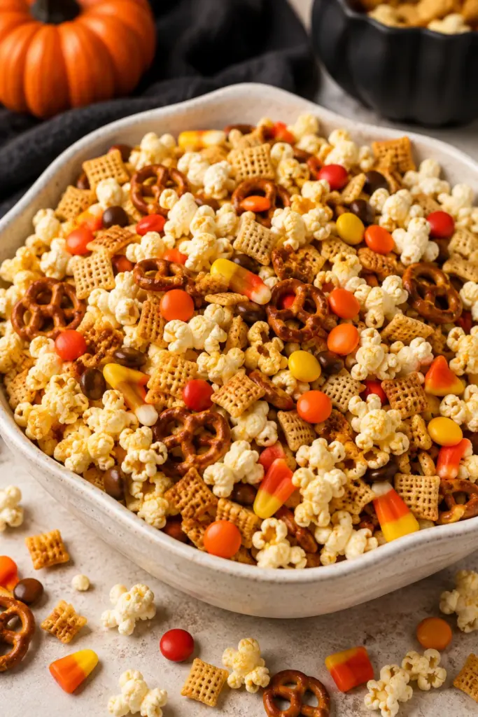 Colorful Halloween popcorn Chex mix made with air-popped popcorn, Corn Chex, Rice Chex, gluten-free pretzels, candy corn, and Reese's Pieces.
