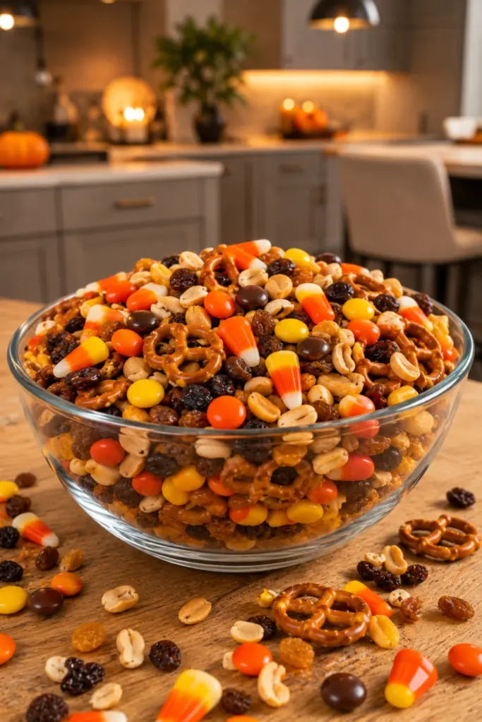 Five-Minute Halloween Trail Mix with candy corn, chocolate candies, mini pretzels, peanuts, and raisins for easy Halloween candy mix ideas for parties.