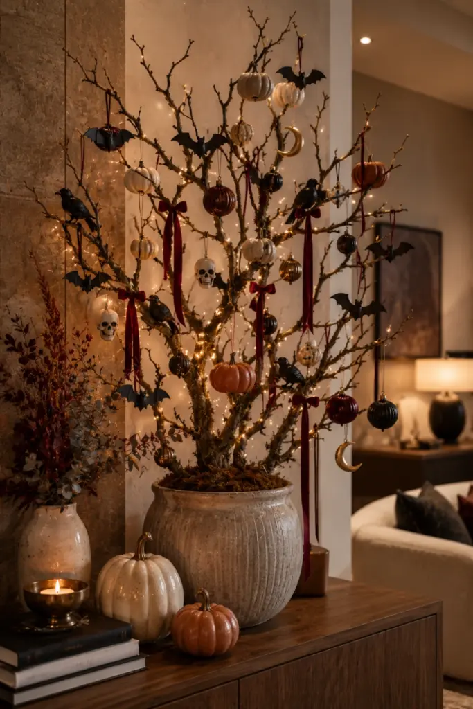 Small modern Halloween tree decorated with miniature bats, pumpkins, ornaments, branches, and warm fairy lights for Best Halloween Aesthetic Design Ideas for Every Home.