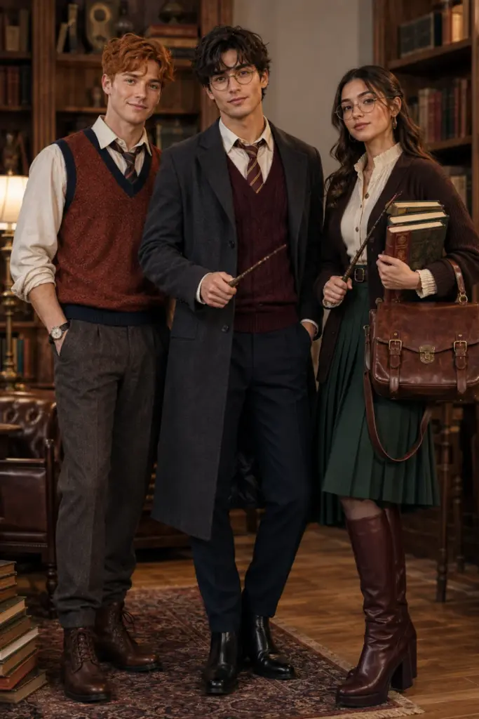 Three friends in modern magical-school Halloween trio outfits inspired by Harry, Ron, and Hermione, featuring tailored robes, burgundy and gold accents, polished shoes, wands, and contemporary 2026 styling.