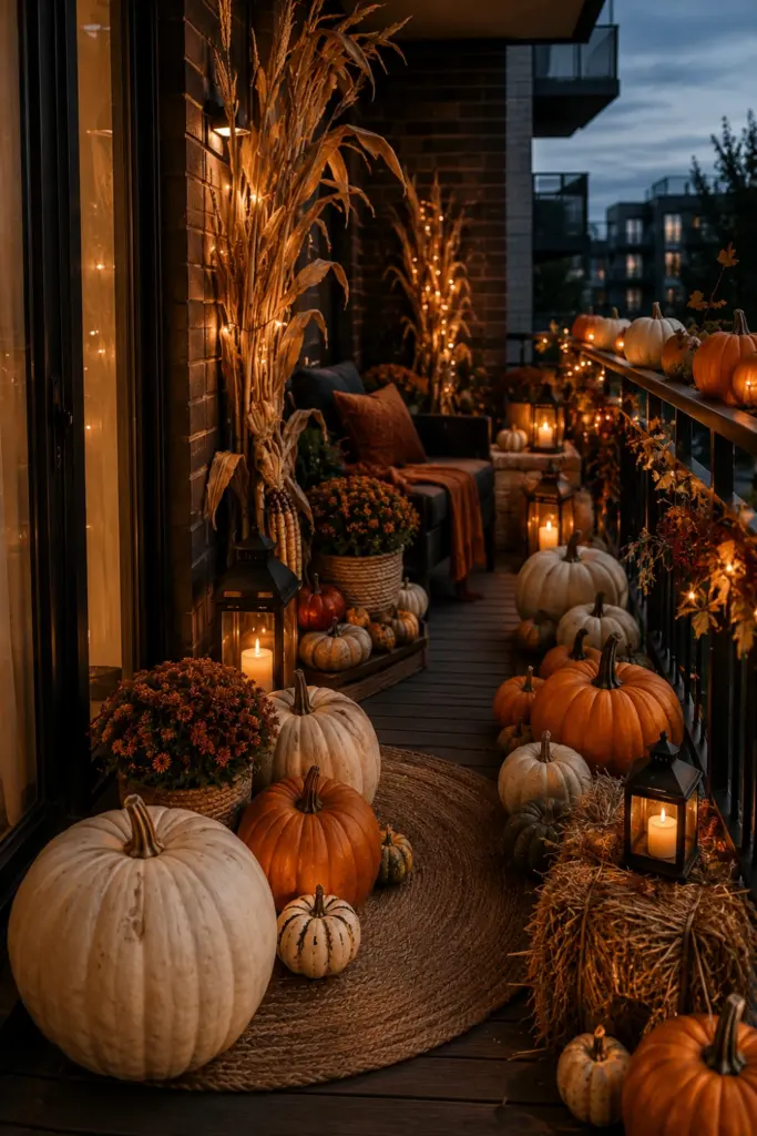 Cozy modern Halloween balcony with white and orange pumpkins, lanterns, faux corn stalks, warm lighting, and elegant harvest decor.
