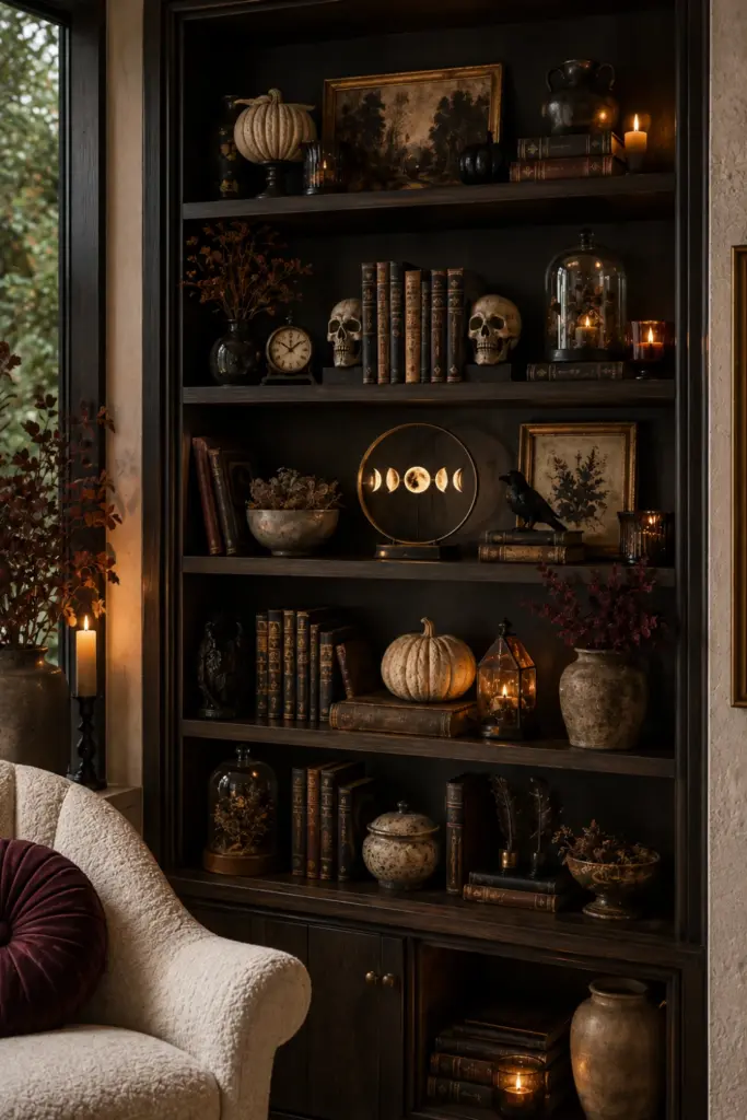 Moody modern bookshelf styled with old novels, skull bookends, moon-phase ornament, dried branches, and warm lighting for Best Halloween Aesthetic Design Ideas for Every Home.