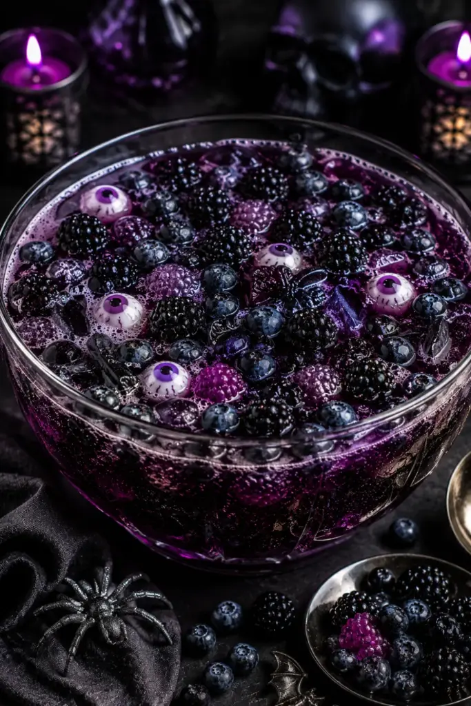 Haunted Grape Jungle Juice with grape juice, lemon soda, vodka, dark berries, and spooky candy in a deep purple Halloween punch presentation.