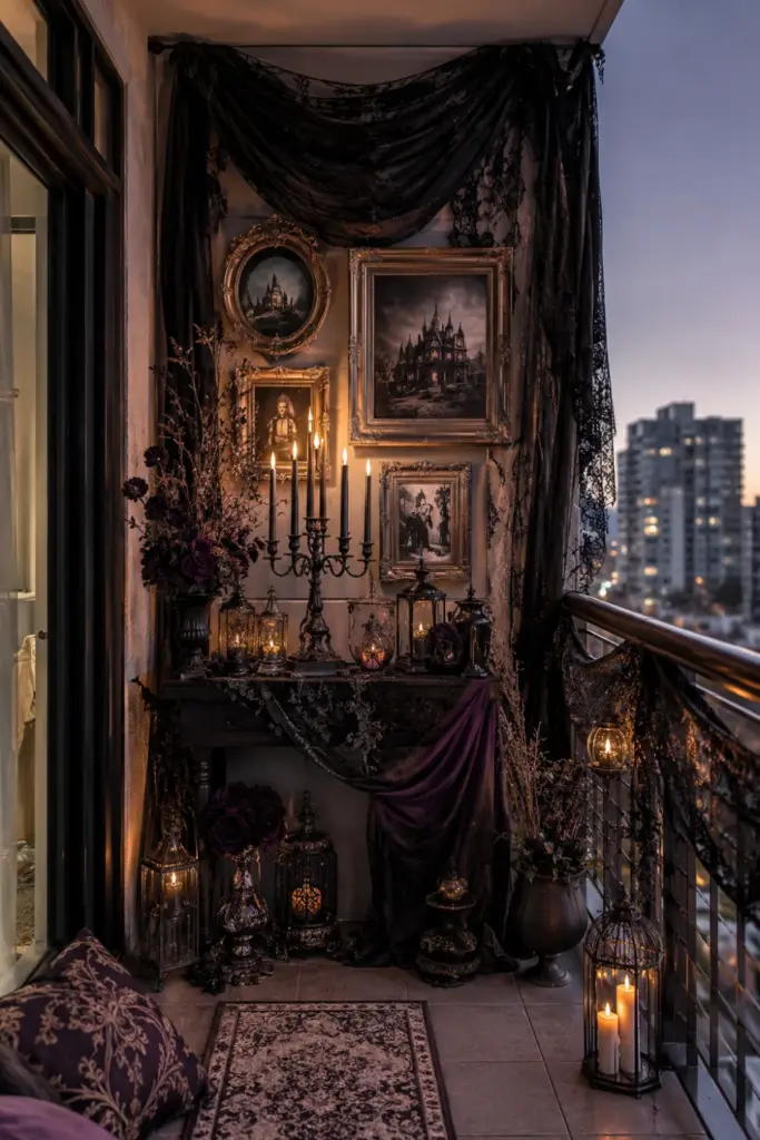 Elegant haunted mansion Halloween balcony featuring black draping, vintage frames, lace, LED candelabras, and deep purple accents.
