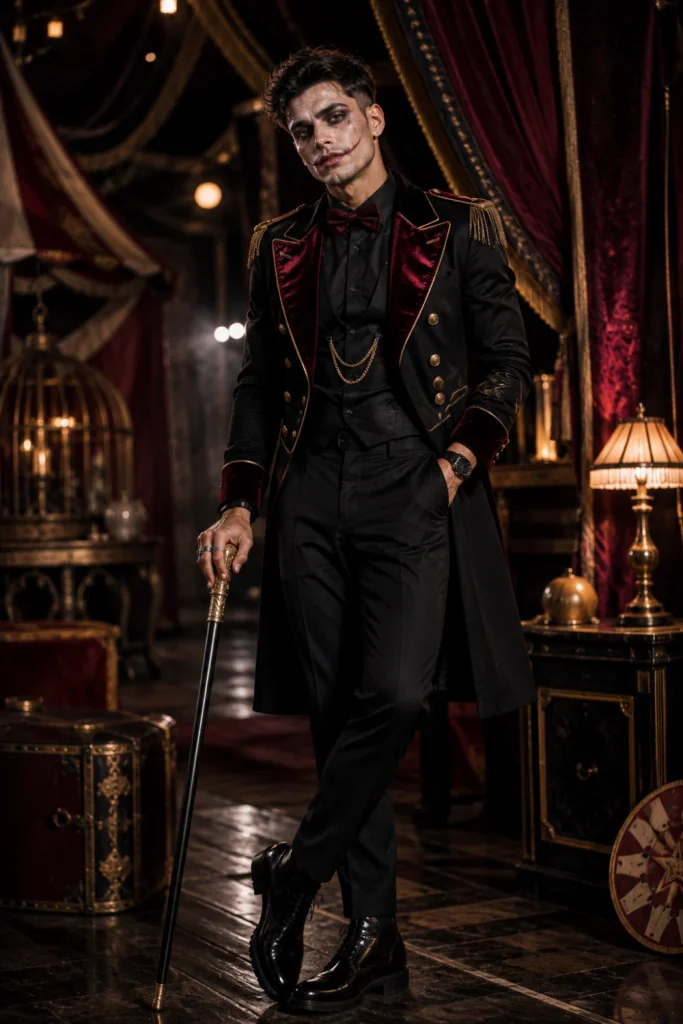 A modern haunted ringmaster Halloween outfit for men featuring a tailored black jacket, burgundy accents, theatrical makeup, statement accessories, and polished boots.