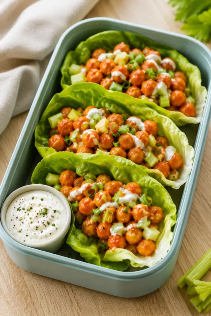 Buffalo chickpea lettuce wraps with crisp romaine, celery, green onions, and creamy yogurt dip in a fresh lunchbox.
