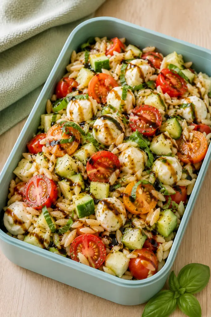 Fresh Caprese orzo salad with orzo pasta, cherry tomatoes, mozzarella pearls, basil, cucumber, olive oil, and balsamic glaze.