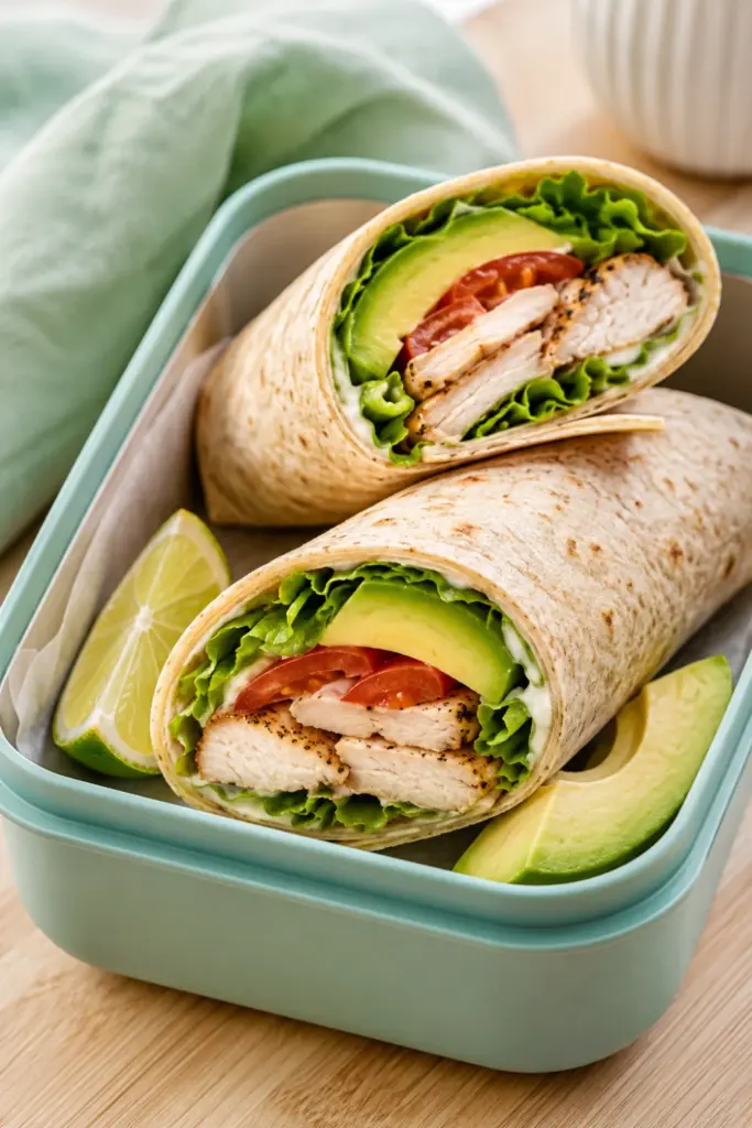 Healthy chicken and avocado whole-wheat wraps with lettuce and tomato arranged in a colorful modern lunchbox.