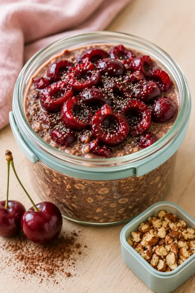 Chocolate cherry overnight oats with rolled oats, Greek yogurt, cocoa, chia seeds, cherries, and healthy toppings in a lunch container.