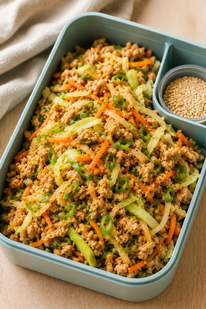 Healthy egg roll in a bowl with seasoned ground turkey, shredded cabbage, carrots, garlic, ginger, and green onions in a lunchbox.