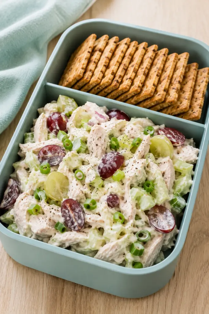 Greek yogurt chicken salad with chicken, celery, grapes, green onion, and whole-grain crackers packed in a colorful, healthy lunchbox.