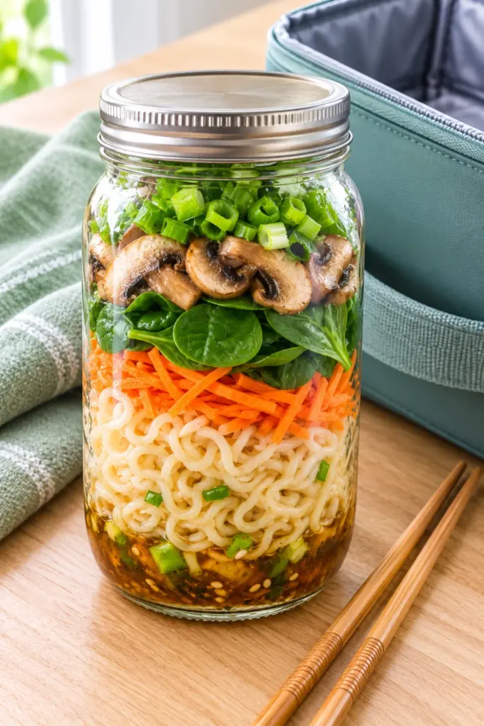 Mason jar ramen noodles with noodles, carrots, spinach, mushrooms, and scallions layered neatly for a fresh, healthy lunchbox meal.