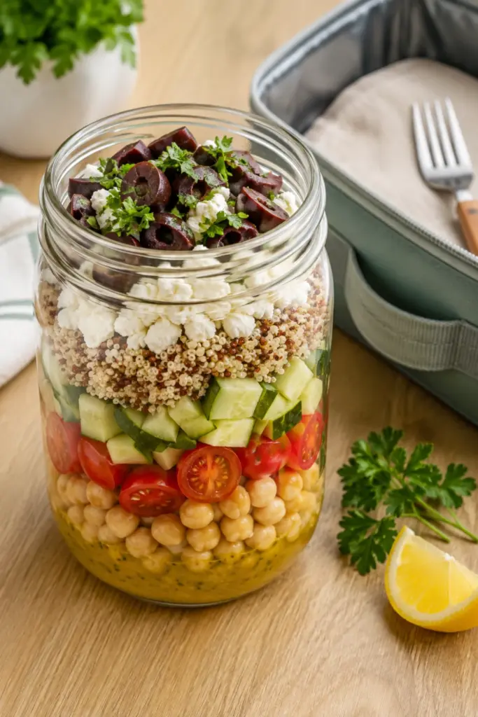 Mediterranean quinoa jar with quinoa, chickpeas, cucumber, tomatoes, feta, olives, and lemon dressing in a colorful healthy lunchbox setup.