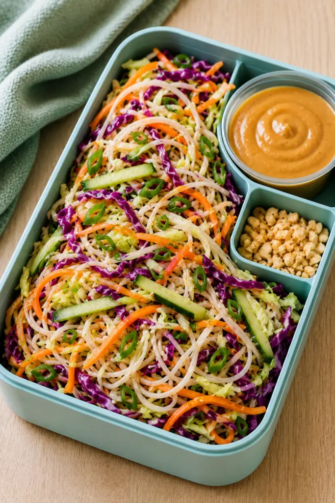 Peanut noodle slaw lunch with rice noodles, crunchy cabbage, carrots, cucumber, green onions, and peanut dressing packed separately.