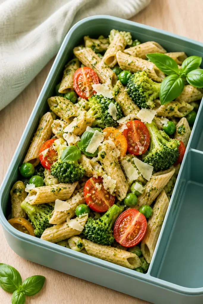 Pesto pasta primavera with whole-wheat pasta, broccoli, peas, cherry tomatoes, and Parmesan packed for a healthy lunchbox.
