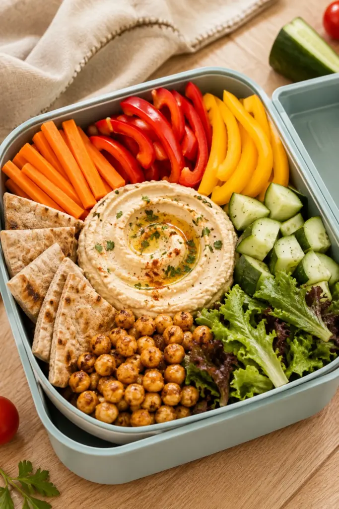 Rainbow veggie and hummus lunch bowl with carrots, peppers, cucumber, chickpeas, greens, and whole-grain pita.