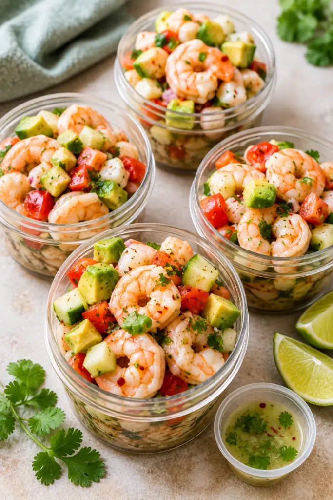 Fresh spicy shrimp ceviche cups with cucumber, tomato, avocado, lime, cilantro, and chili are packed for a healthy lunch.