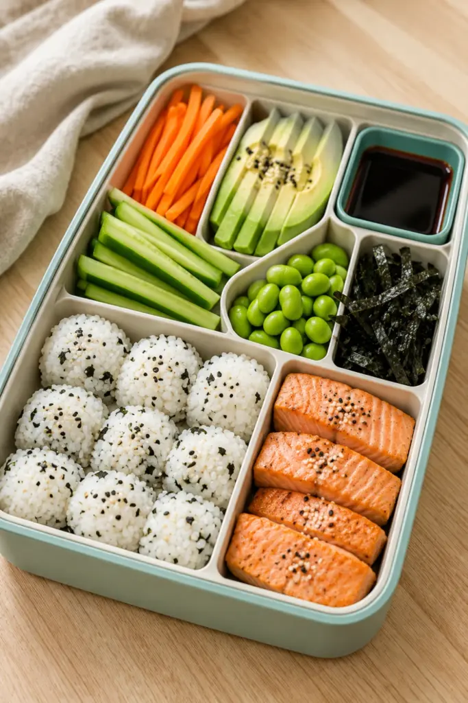 Colorful sushi-inspired bento lunchbox with rice, cucumber, carrots, avocado, edamame, nori, and cooked salmon.