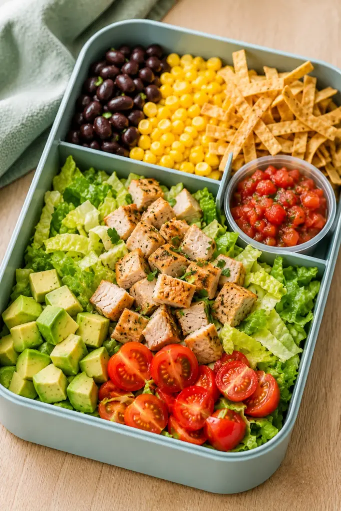 Colorful taco salad lunch box with romaine lettuce, black beans, corn, chicken, tomatoes, avocado, salsa, and crunchy tortilla strips.