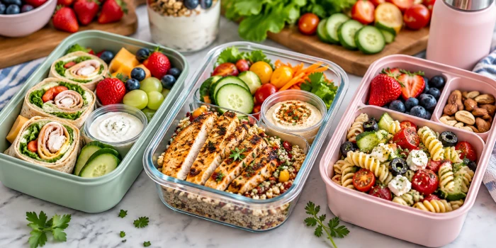 Healthy easy lunchbox recipes with fresh chicken, veggies, fruit, pasta salad, and wraps packed in colorful meal prep containers for a satisfying lunch.