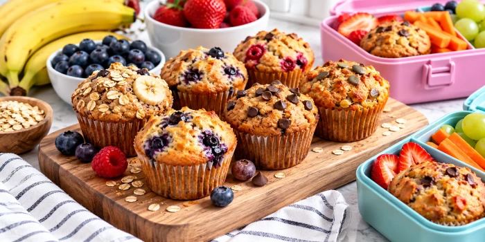 Healthy muffin recipes perfect for lunchboxes, featuring easy homemade blueberry, banana oat, and fruit muffins for nutritious kids snacks