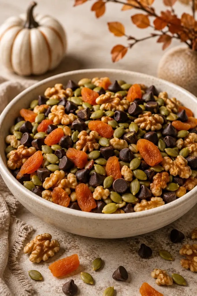 Healthy pumpkin seed and dark chocolate gluten-free Halloween trail mix with pepitas, 72 percent dark chocolate chips, dried apricots, and walnuts