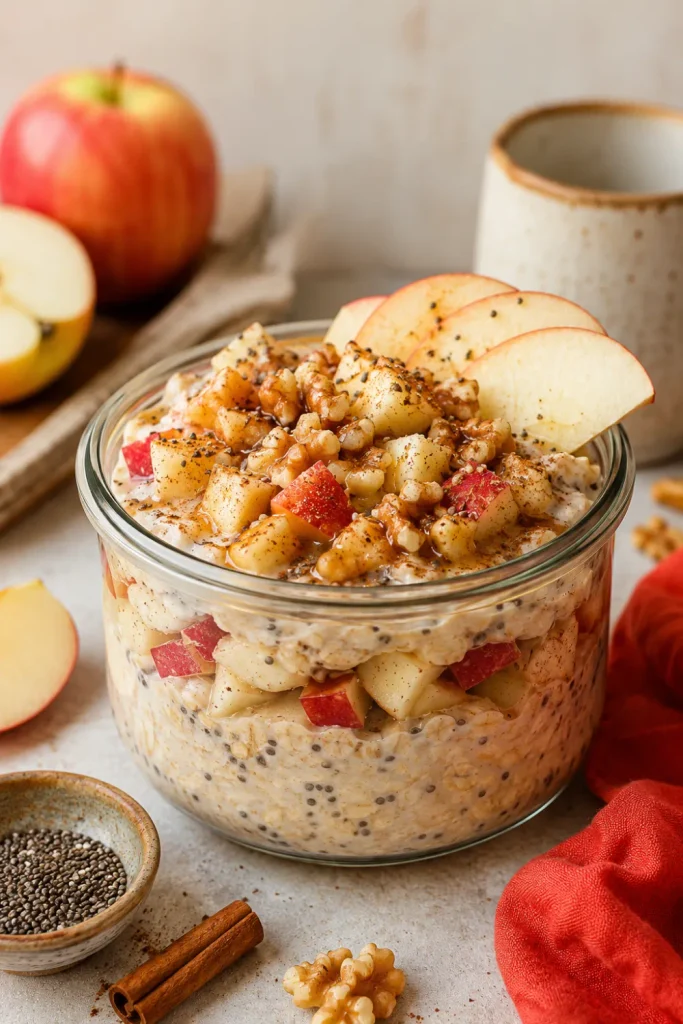 Healthy winter breakfast ideas that are easy, featuring creamy apple cinnamon overnight oats with crisp apples, chia seeds, cinnamon, and walnuts in a modern Pinterest food setting.