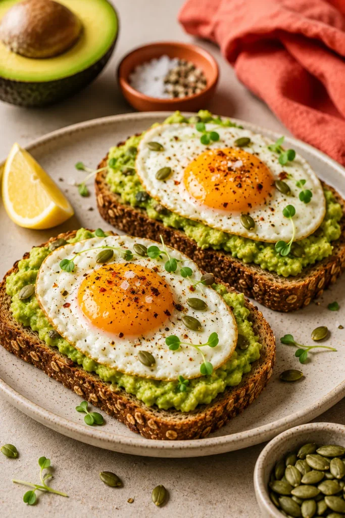Healthy winter breakfast ideas that are easy, featuring creamy avocado and a perfectly cooked egg on crisp whole-grain toast with colorful modern winter styling.