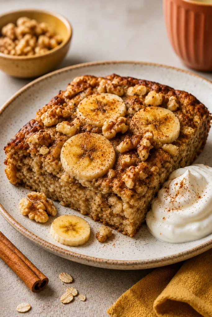 Healthy winter breakfast ideas that are easy, featuring warm banana walnut baked oatmeal with cinnamon, toasted walnuts, banana slices, and creamy yogurt.