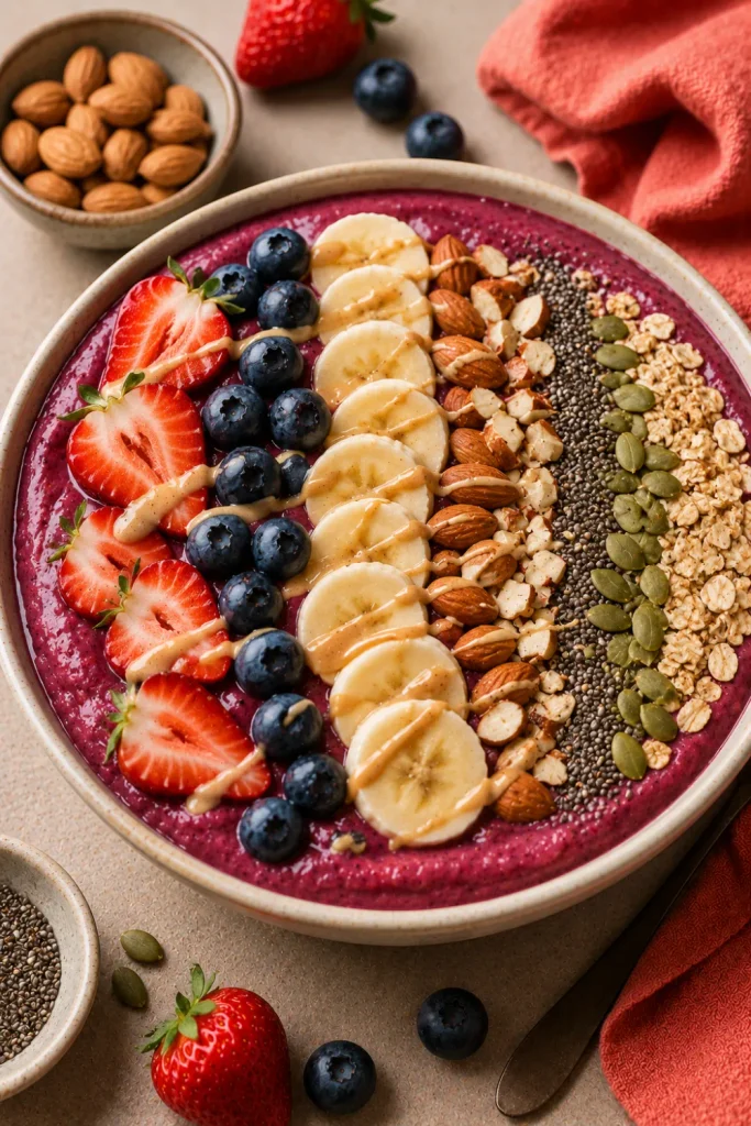 Healthy Winter Breakfast Ideas That Are Easy, featuring a thick berry almond smoothie bowl topped with almonds, chia seeds, oats, banana, and fresh berries.