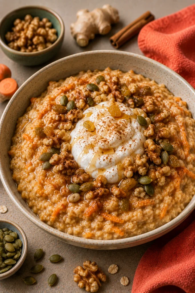 Healthy Winter Breakfast Ideas That Are Easy: featuring creamy carrot ginger protein oatmeal topped with cinnamon, walnuts, raisins, and yogurt in a cozy modern winter setup.