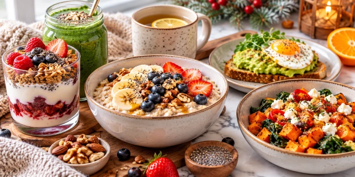 A cozy winter breakfast spread featuring oatmeal with berries and banana, yogurt parfait with granola, avocado toast with egg, a green smoothie, herbal tea, and a nourishing sweet potato breakfast bowl.