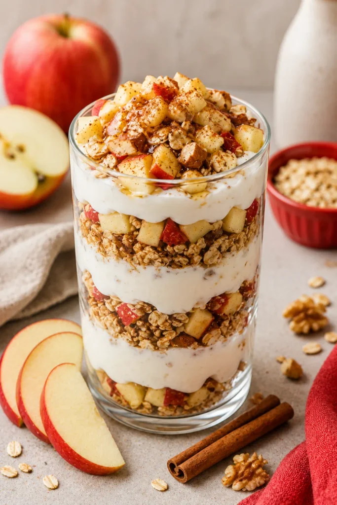 Healthy winter breakfast ideas that are easy featuring a Greek yogurt apple parfait layered with cinnamon apples, toasted oats, crunchy nuts, and honey.