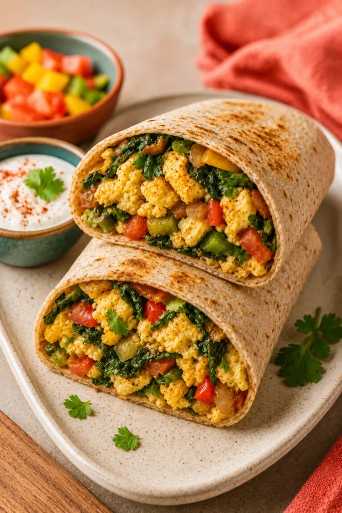Healthy winter breakfast ideas that are easy, featuring a flavorful masala egg and spinach wrap filled with seasoned eggs, spinach, tomato, and fresh vegetables.